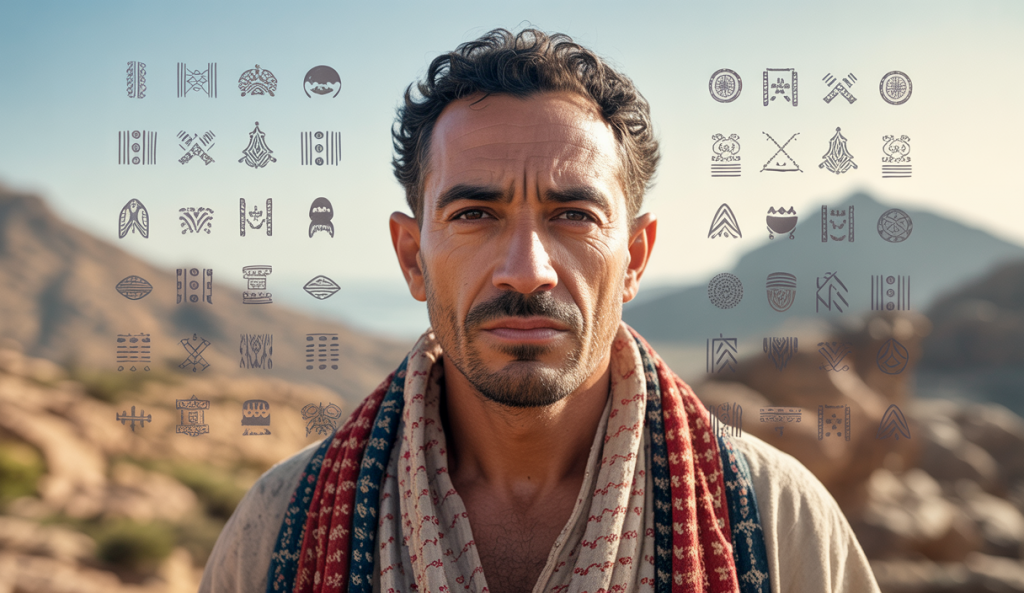 Portrait artistique de Matoub Lounès avec des symboles kabyles et montagnes en arrière-plan, illustrant son héritage culturel et son nouvel album posthume 2025