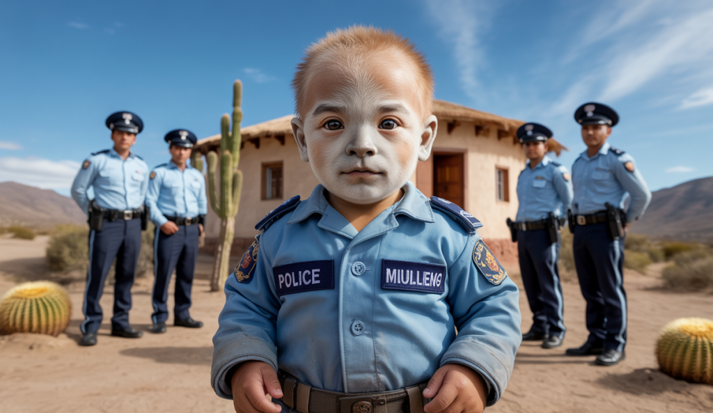 Bébé lama orphelin nommé Miguelito en uniforme de police, debout dans le désert de Tarapaca, Chili, entouré de policiers souriants devant un poste de police ensoleillé