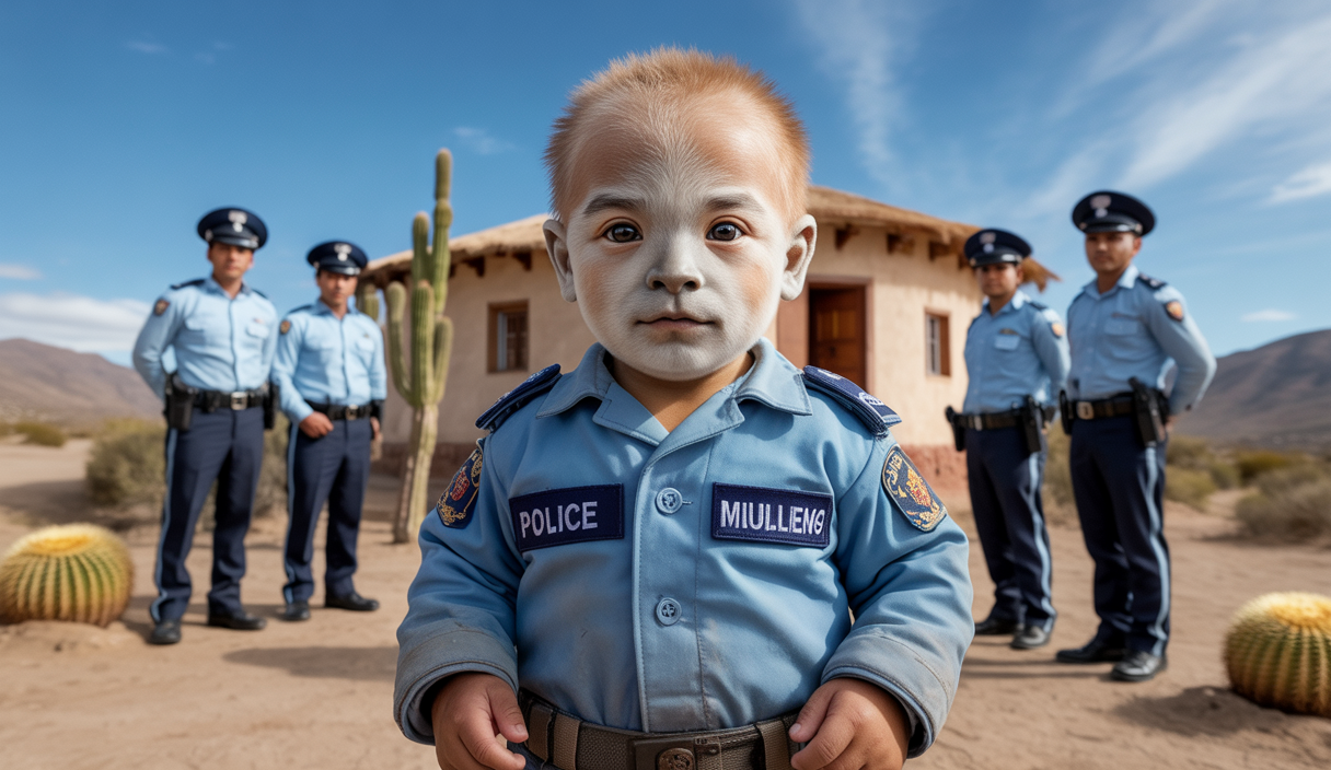 Bébé lama orphelin nommé Miguelito en uniforme de police, debout dans le désert de Tarapaca, Chili, entouré de policiers souriants devant un poste de police ensoleillé