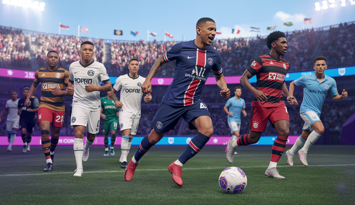 Un match intense du Mondial des Clubs 2025 avec des joueurs de football en action sur un terrain moderne aux États-Unis, sous un ciel clair et lumineux, représentant des équipes internationales avec des scores inattendus et performances remarquables.