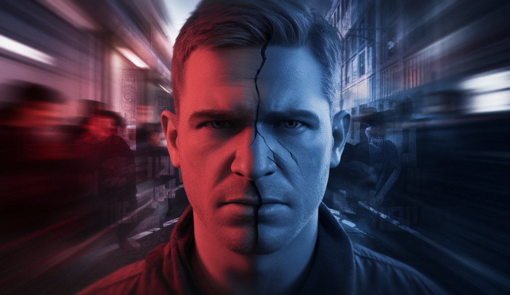 Illustration symbolique de la montée de la violence en France avec un visage aux expressions conflictuelles