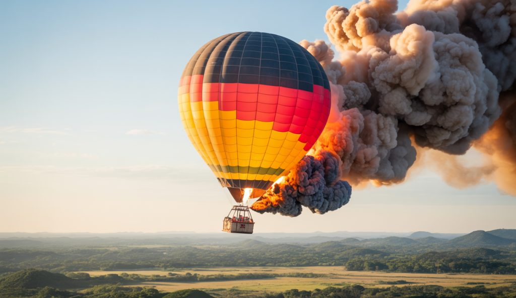 Montgolfière en feu au-dessus de Praia Grande au Brésil avec une épaisse fumée noire s'échappant du ballon, en train de se dégonfler avant de s'écraser dans un paysage de champs et arbres, témoignant d'un accident tragique ayant causé huit morts.