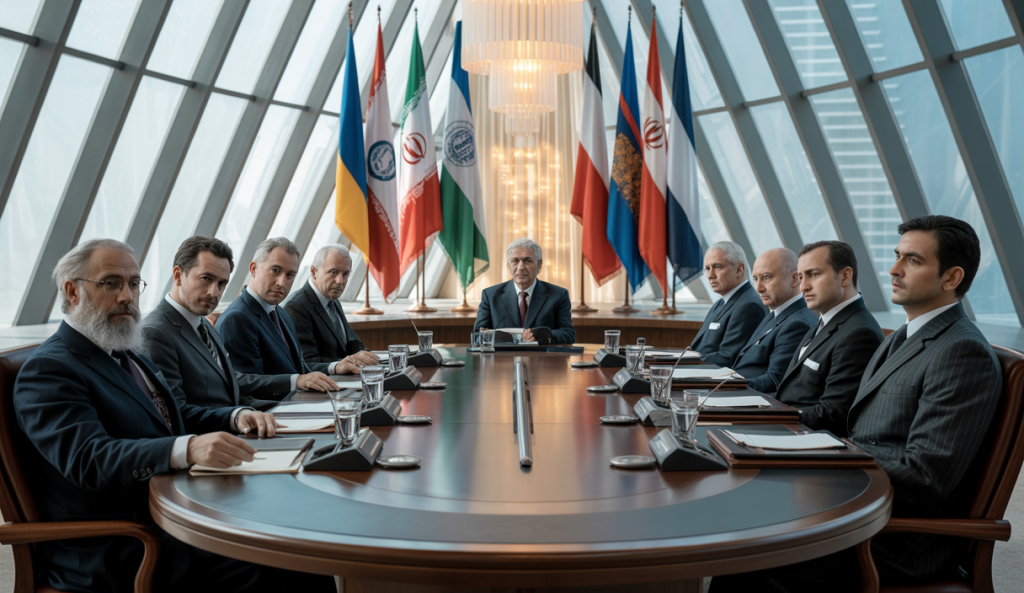 Salle de négociations diplomatiques tendues avec diplomates et représentants internationaux discutant des détentions en Iran autour d'une grande table, avec documents officiels et drapeaux en arrière-plan, atmosphère grave et chargée