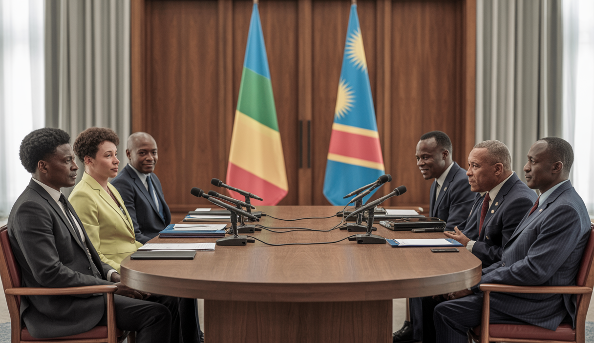 Représentation symbolique des négociations de paix entre le Rwanda et la RDC, avec des dirigeants africains en réunion formelle autour d'une grande table ronde, drapeaux nationaux en arrière-plan, ambiance optimiste et lumière naturelle
