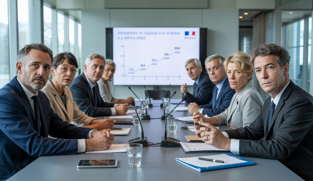 Réunion officielle de négociation sur la réforme des retraites avec des experts et représentants sociaux discutant autour d'une table dans une salle de conférence moderne
