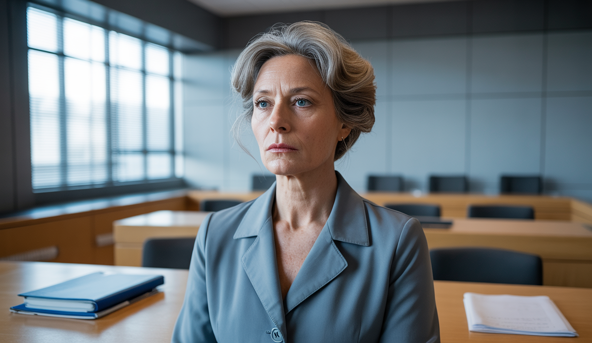 Portrait d'une femme d'âge mûr en habit sobre dans un cadre judiciaire évoquant une enquête criminelle