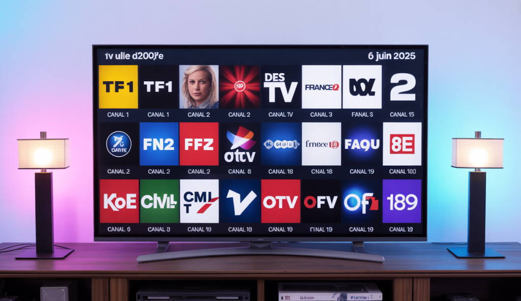 Téléviseur moderne affichant la nouvelle numérotation des chaînes TNT en 2025 avec logos colorés des principales chaînes et interfaces dynamiques