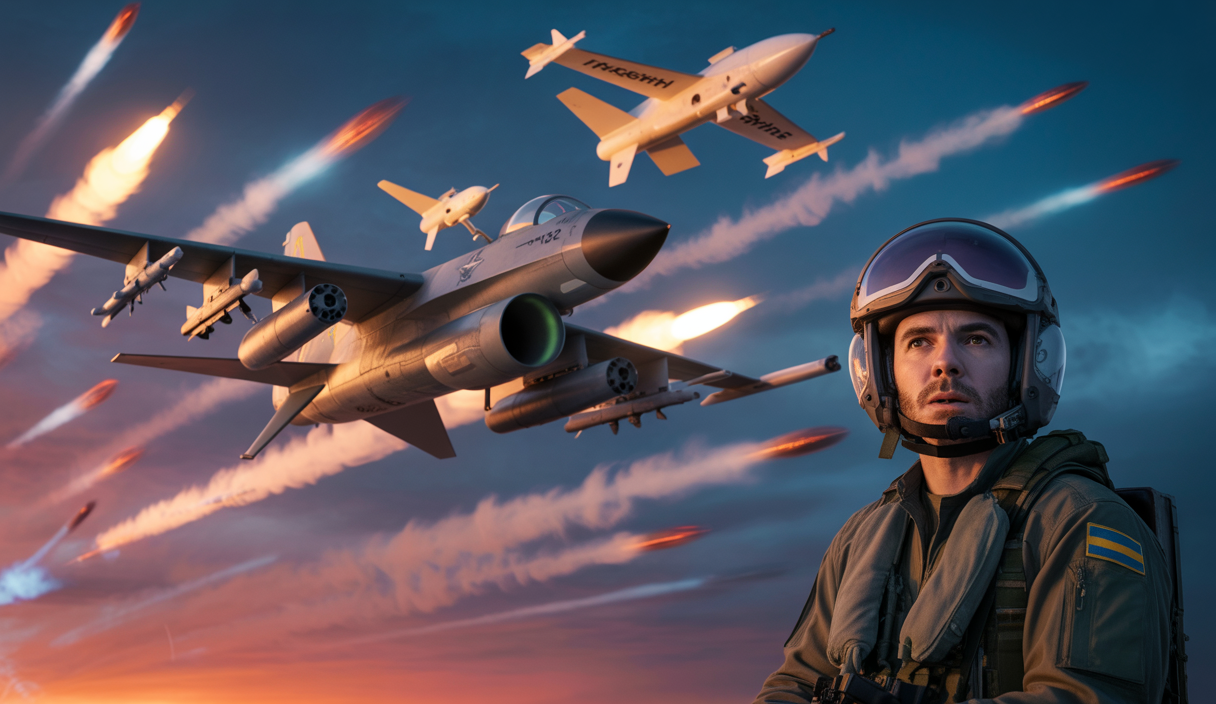 Un combat aérien intense lors de la plus grande offensive aérienne russe contre l'Ukraine avec drones et missiles, montrant un avion de chasse ukrainien F-16 en danger