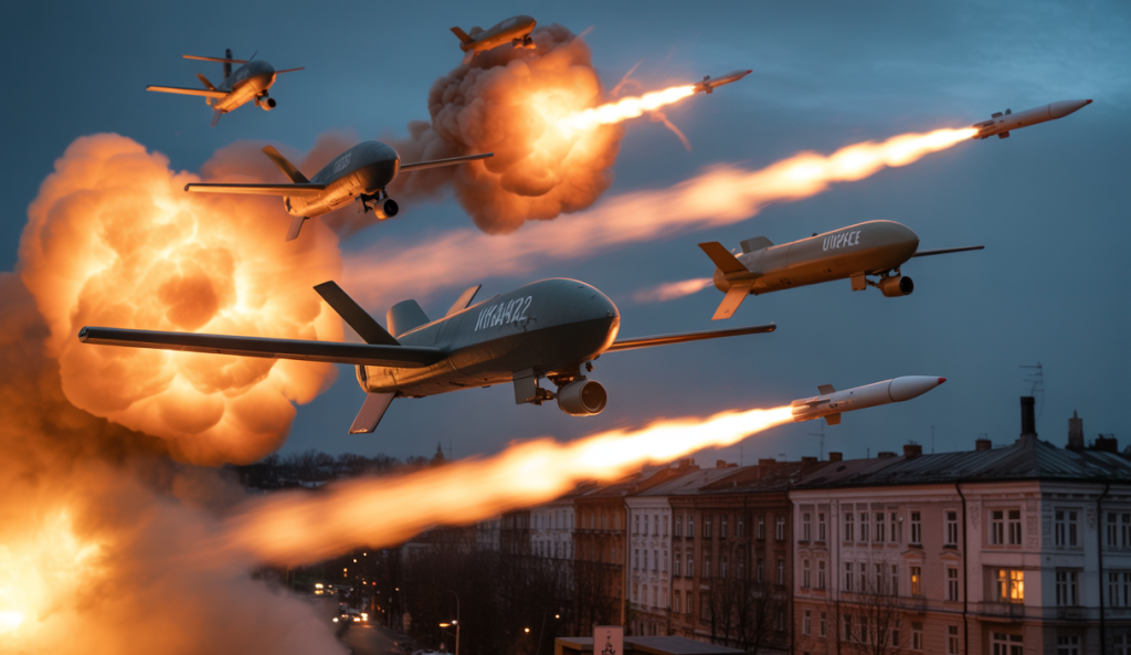Un ciel nocturne chargé de drones russes illuminés et de missiles lançant des traînées de fumée vers le sol ukrainien, avec en arrière-plan des silhouettes de bâtiments urbains éclairés par des explosions sporadiques