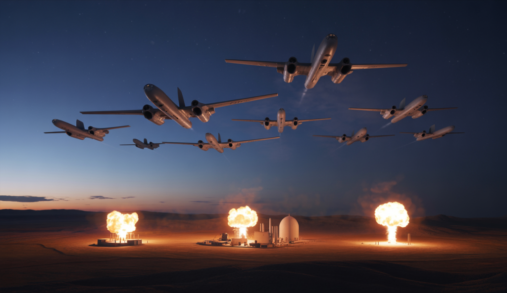 Bombardiers B-2 furtifs américains survolent la nuit iranienne avant de frapper les sites nucléaires de Fordo, Natanz et Ispahan, avec explosions en arrière-plan, ciel nocturne étoilé et ambiance tendue