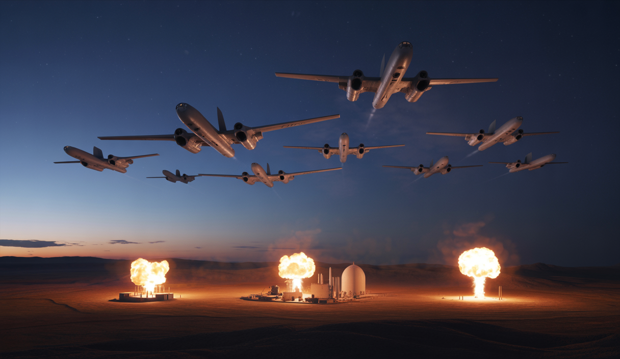 Bombardiers B-2 furtifs américains survolent la nuit iranienne avant de frapper les sites nucléaires de Fordo, Natanz et Ispahan, avec explosions en arrière-plan, ciel nocturne étoilé et ambiance tendue