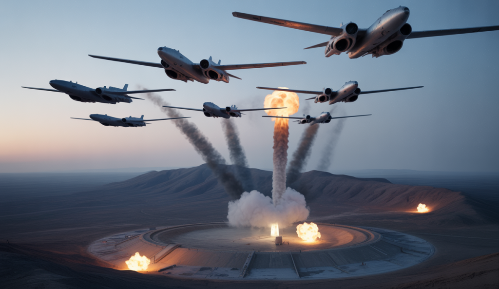 Vue dramatique de sept bombardiers furtifs B-2 américains en vol nocturne au-dessus du Moyen-Orient, déployant des bombes pénétrantes sur des installations nucléaires iraniennes clés à Ispahan, Natanz et Fordo, avec un arrière-plan sombre et des éclairs d'explosions sous une atmosphère de tension géopolitique élevée.