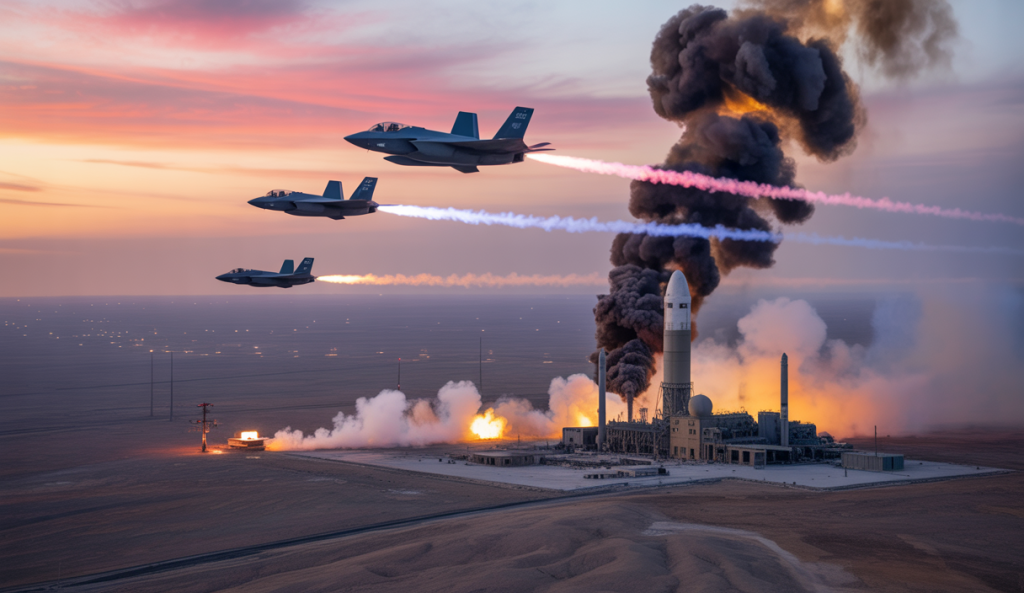 Vue aérienne et dramatique d'une frappe aérienne israélienne sur des installations nucléaires et militaires iraniennes avec fumée noire s'élevant, avions de chasse israéliens en formation, et ciel crépusculaire rougeoyant