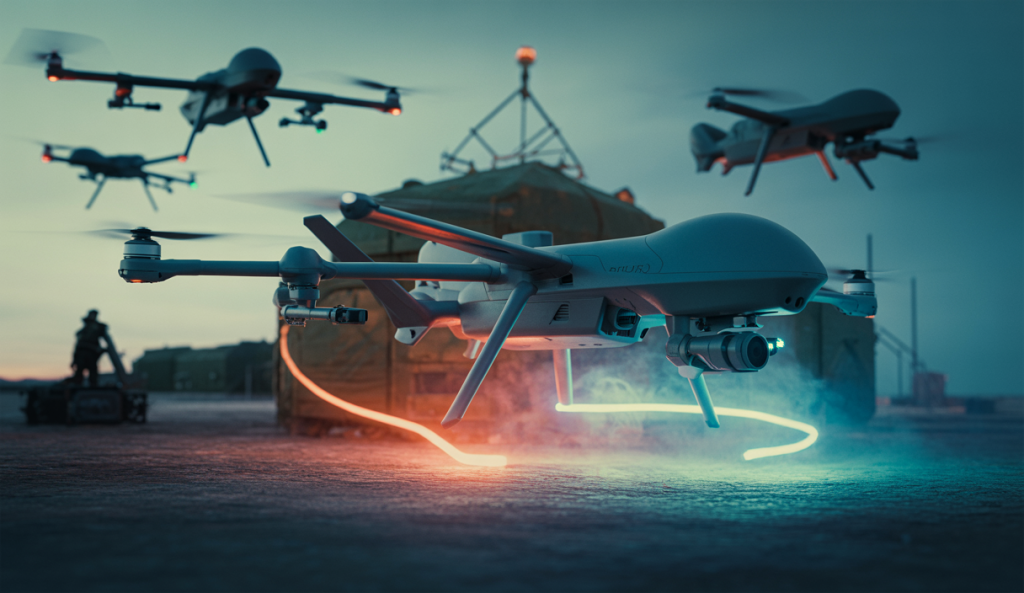 Image de drones ukrainiens en opération au-dessus de bases russes.
