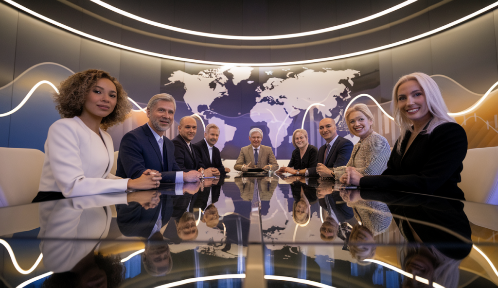 Table ronde mondiale avec experts en économie discutant de la coopération internationale