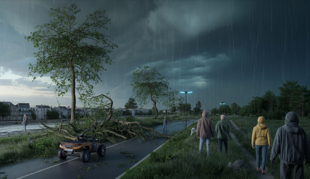 Orage violent en France les 25-26 juin 2025 avec arbres déracinés, ciel sombre et éclairs, causant morts, blessés et dégâts matériels