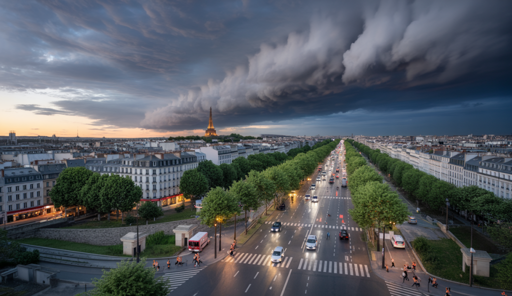 Scène dramatique de violents orages en France le 26 juin 2025 avec arbres tombés, vents forts, et coupures d'électricité affectant de nombreux foyers