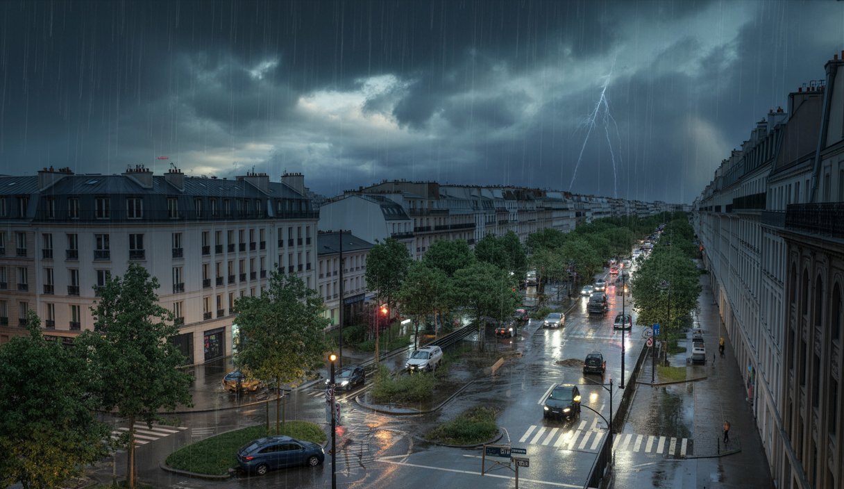 Rues inondées à Paris avec arbres couchés et personnes sous des orages violents, ciel sombre chargé de nuages et éclairs, zones urbaines touchées par des vents forts et grêle, véhicules stationnés près d’arbres tombés et infrastructures électriques endommagées.