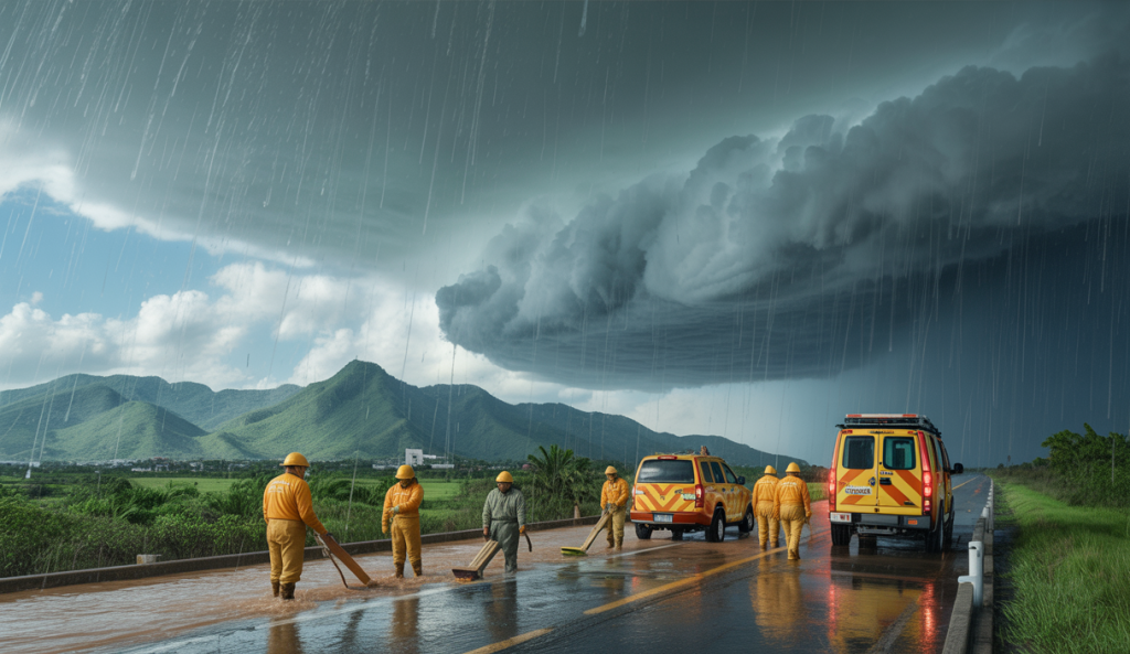 Vue dramatique de l’ouragan Erick touchant la côte mexicaine avec nuages sombres, vents violents et pluie intense, des équipes de secours mobilisées en arrière-plan face aux inondations.