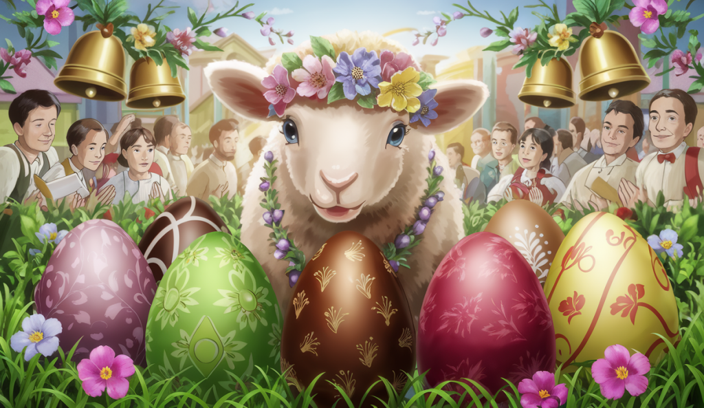 Illustration festive des traditions de Pâques 2025