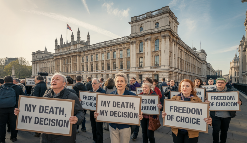 Façade du Parlement britannique avec des groupes de manifestants portant des pancartes en faveur de l'aide à mourir