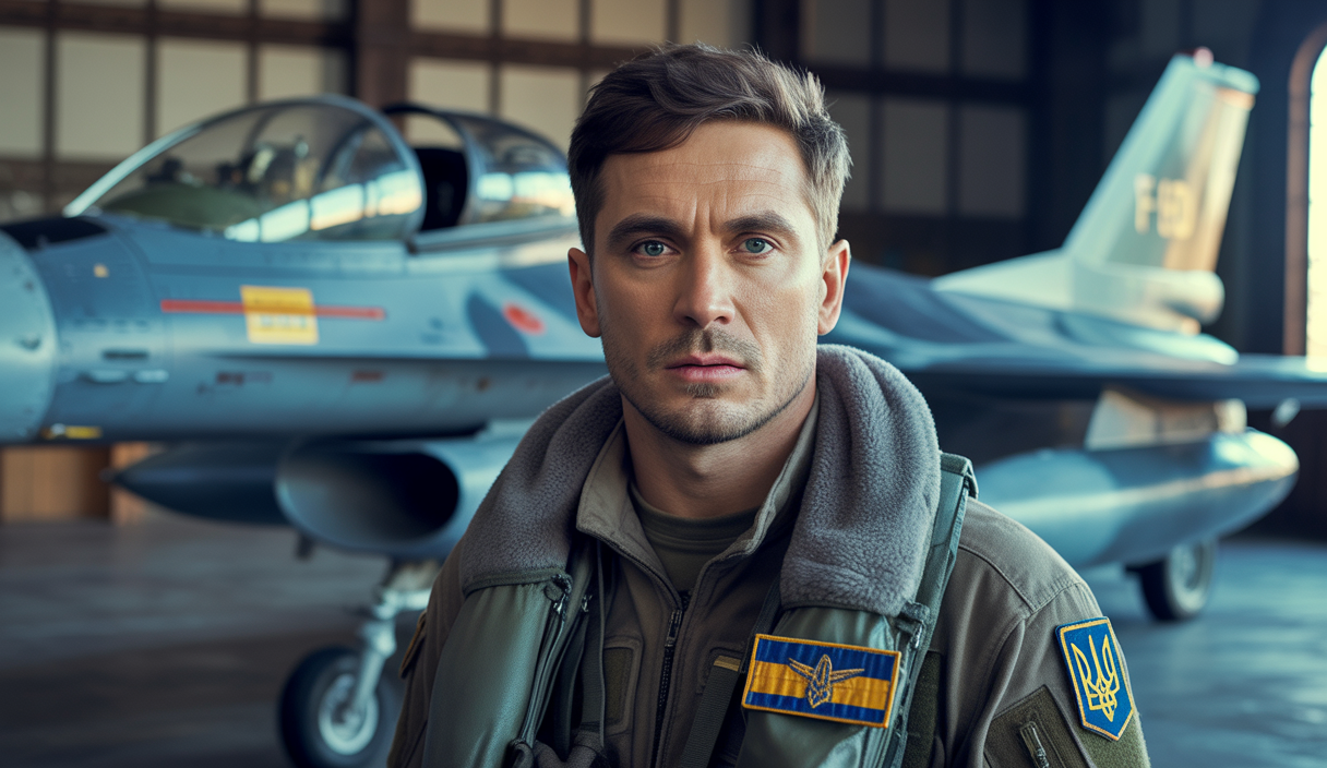 Portrait hyper réaliste du lieutenant-colonel Maksym Ustymenko, pilote ukrainien de F-16 décédé en combat lors d'une attaque aérienne russe massive en 2025