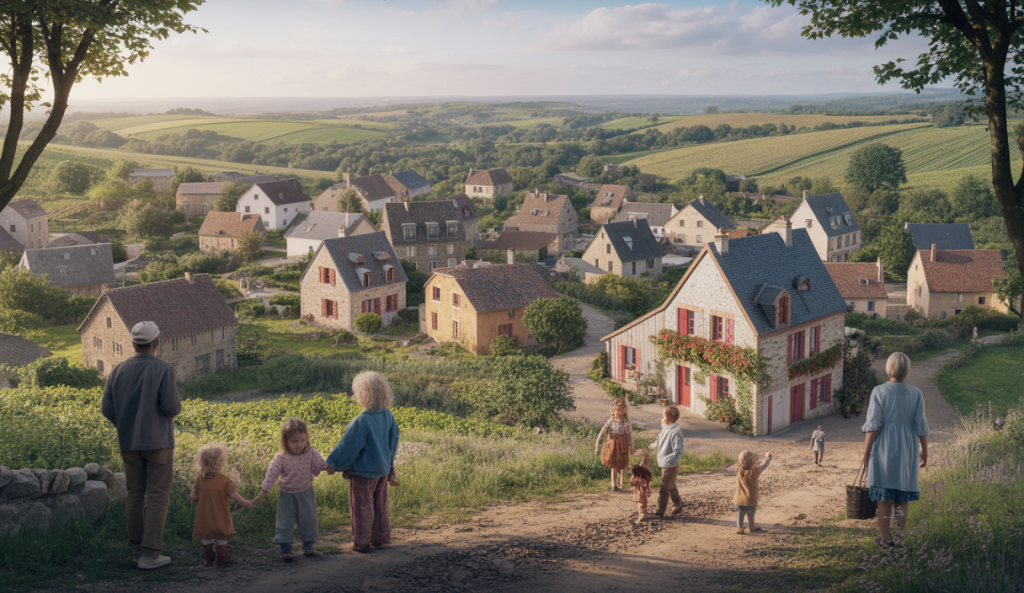 Illustration d'un village rural français vibrant avec des habitants dans un paysage champêtre verdoyant, symbolisant le plan gouvernemental pour freiner l'exode rural en 2025