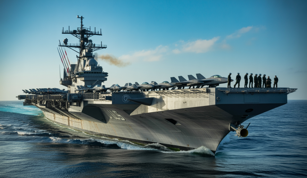 Porte-avions américain USS Carl Vinson naviguant en mer au Moyen-Orient sous un ciel clair, avec des avions de chasse sur le pont et des marins en uniforme sur le pont supérieur, représentant la forte présence militaire américaine dans une zone géopolitiquement sensible.
