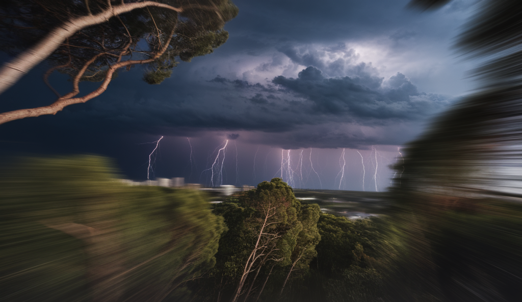 Représentation artistique d'un orage menaçant avec des éclairs illuminant le ciel et une chute de température