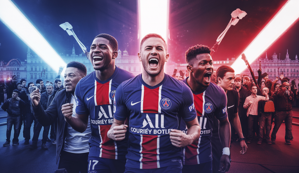 Scène de célébration du PSG qualifié pour la finale de la Ligue des Champions avec des tensions en arrière-plan