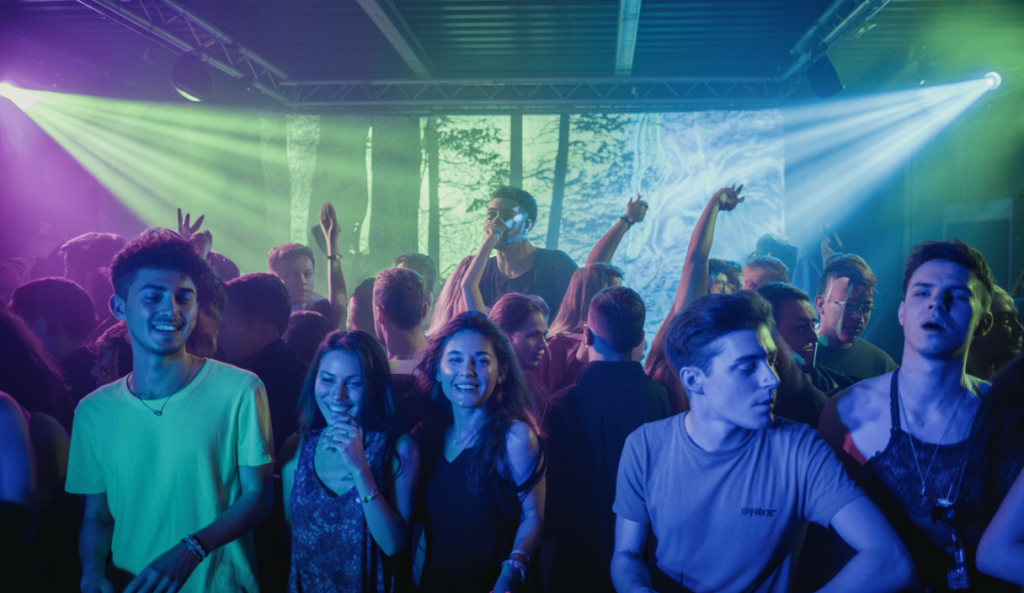 Scène vibrante d'une rave-party avec une foule nombreuse au crépuscule