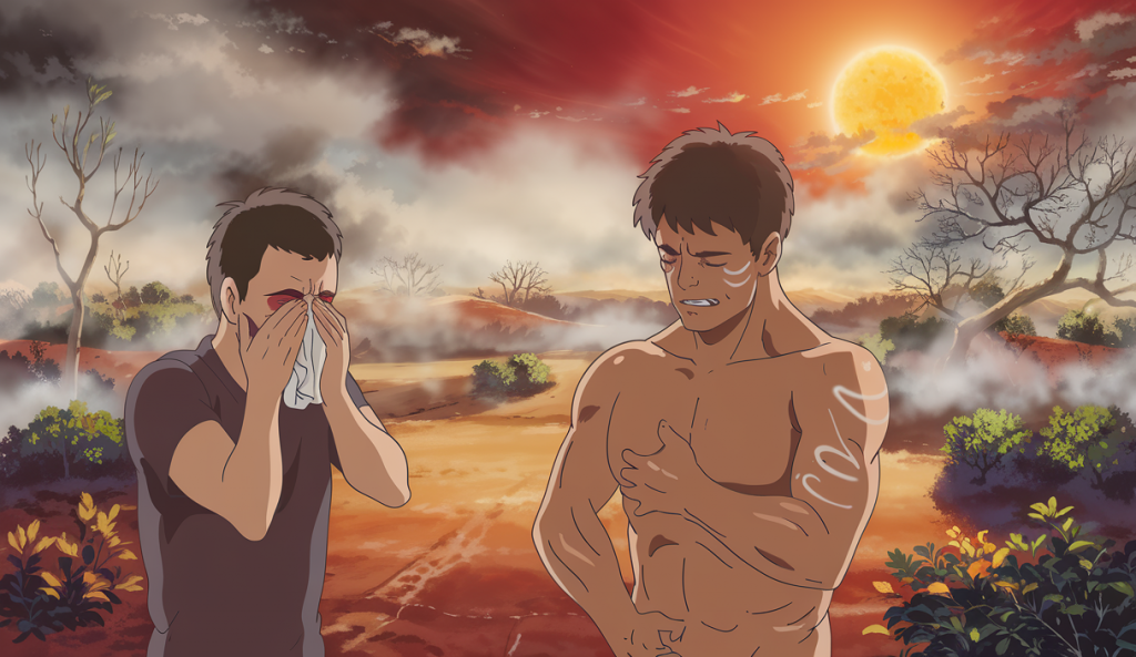 Illustration représentant l'impact du réchauffement climatique sur la santé humaine, axée sur les allergies et le risque accru de cancer