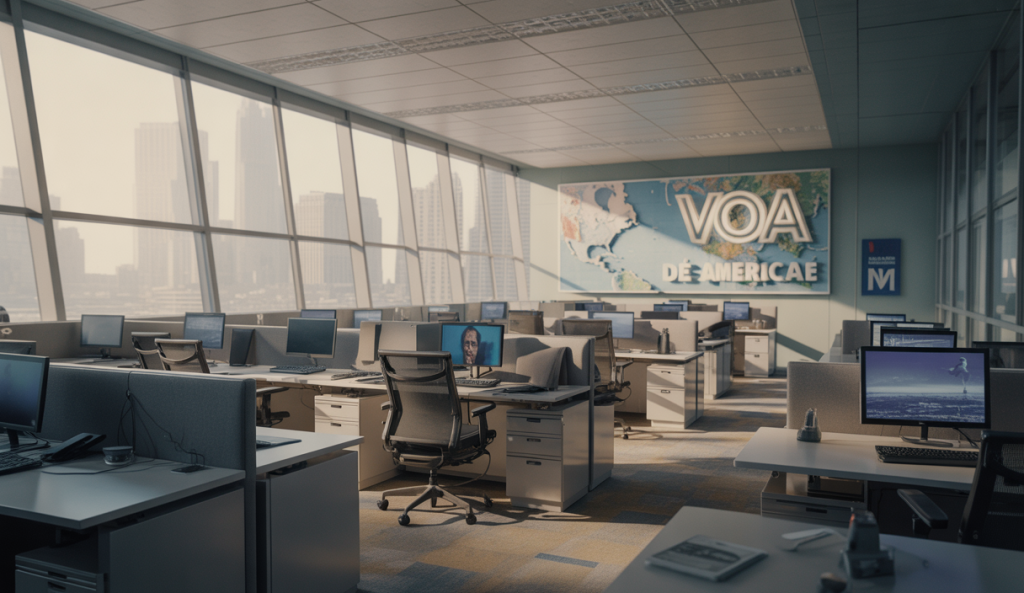 Bureaux désertés de Voice of America avec écrans éteints symbolisant la réduction massive du personnel sous l'administration Trump