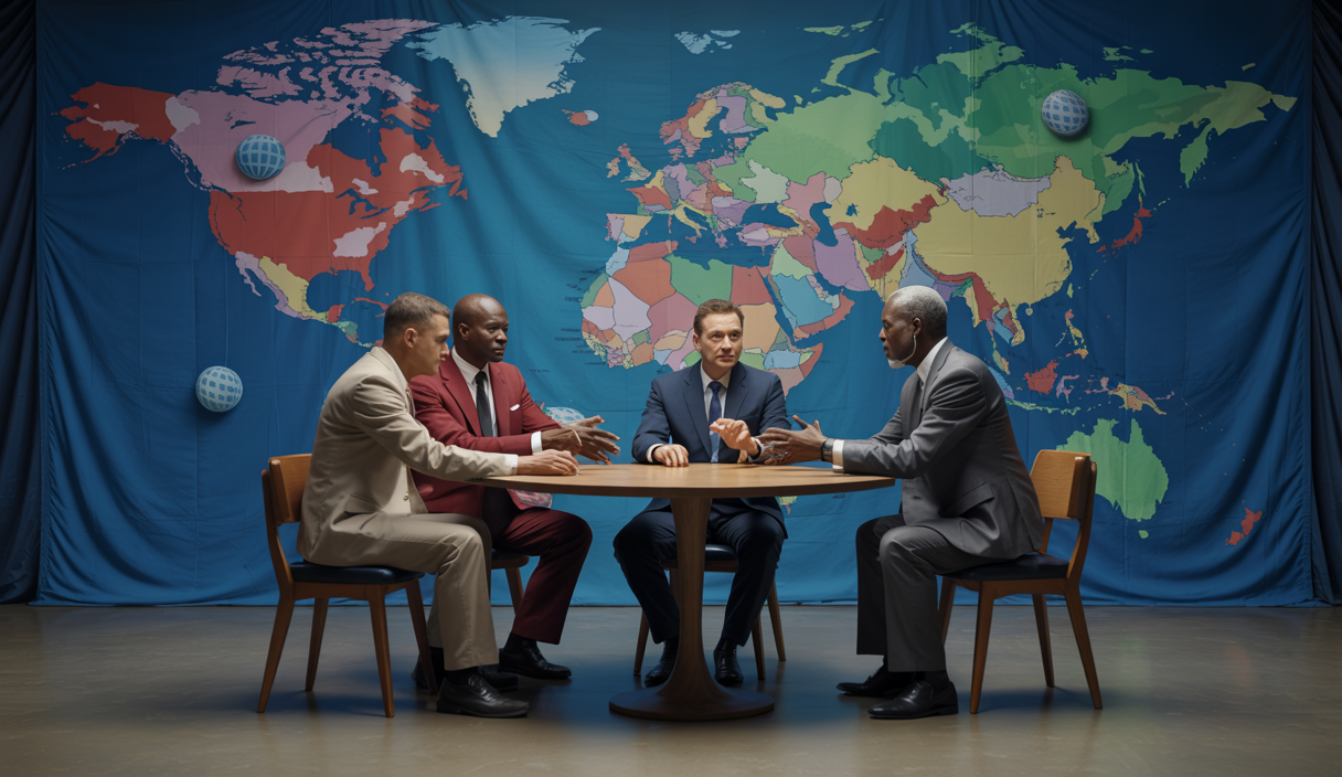 Representation symbolique des relations internationales impliquant l'Inde, la Chine, les États-Unis et le Congo en 2025.