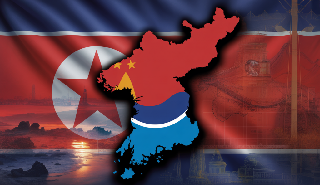 Deux drapeaux symbolisant la Corée du Nord et la Corée du Sud dans une ambiance tendue.