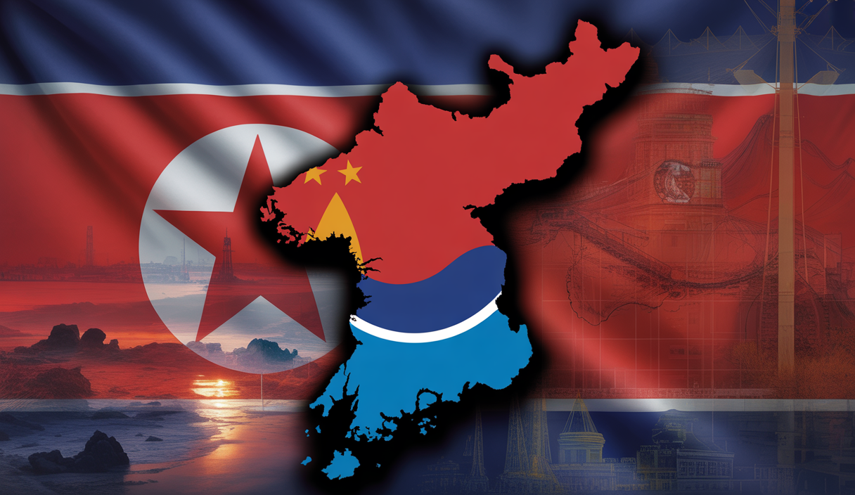 Deux drapeaux symbolisant la Corée du Nord et la Corée du Sud dans une ambiance tendue.