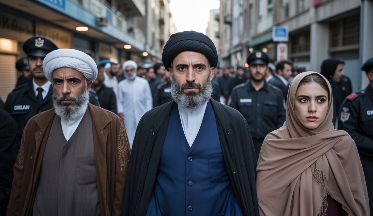 Vue sombre illustrant la brutalité de la répression en Iran avec des représentations symboliques d'arrestations, de manifestations et de peine de mort