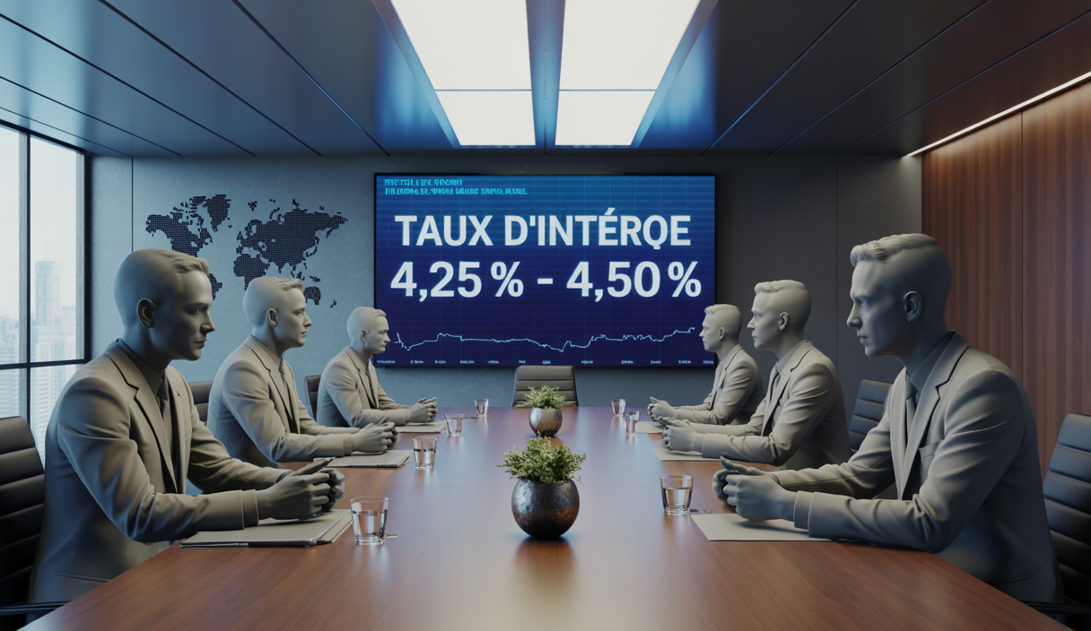 Illustration conceptuelle d'une salle de réunion moderne avec un tableau affichant les taux d'intérêt de la Réserve fédérale américaine entre 4,25 % et 4,50 % lors d'un contexte mondial incertain et de tensions géopolitiques