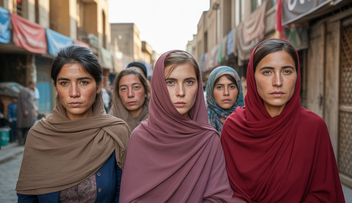 Portrait de femmes afghanes montrant leur résilience face à la répression talibane, exprimant courage et détermination dans un contexte de lutte pour leurs droits fondamentaux