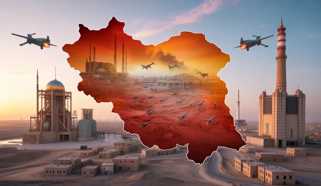 Carte stylisée du Moyen-Orient avec éléments symbolisant le programme nucléaire iranien et frappes aériennes, illustrant la résilience du savoir nucléaire iranien en 2025