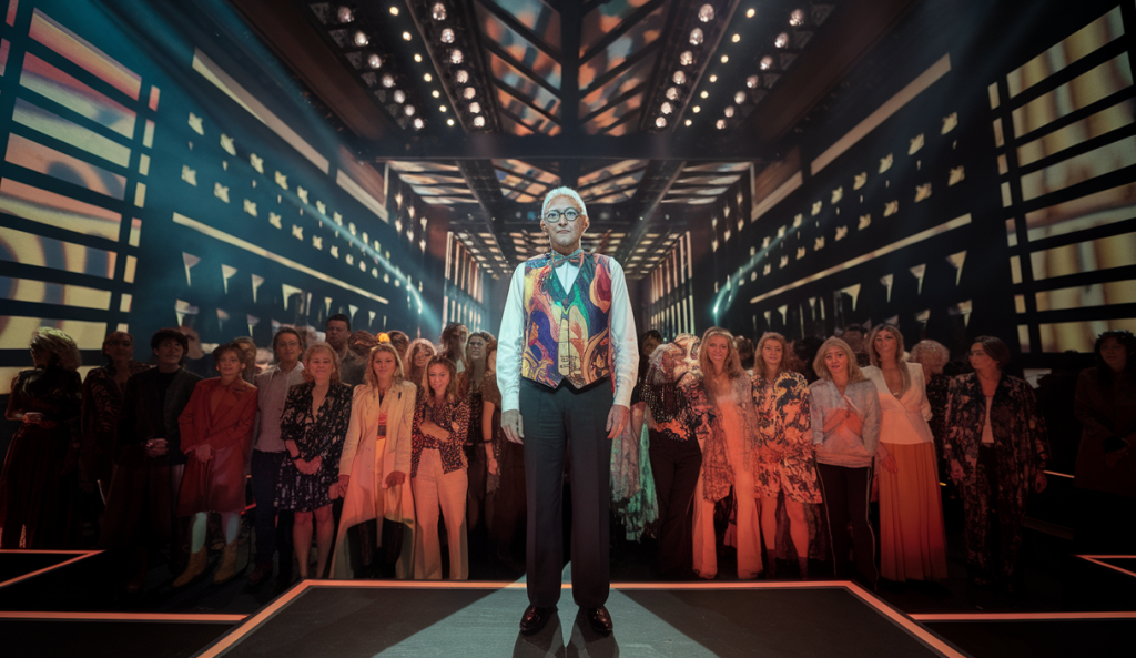 Illustration vibrante de Michel Polnareff se produisant en live en 2025