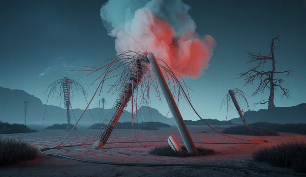 Image illustrant le sabotage de pylônes électriques avec une atmosphère tendue