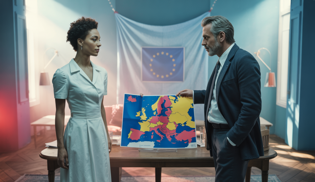 Sarah Knafo discutant avec Bruno Retailleau sur fond symbolique de collaboration politique.