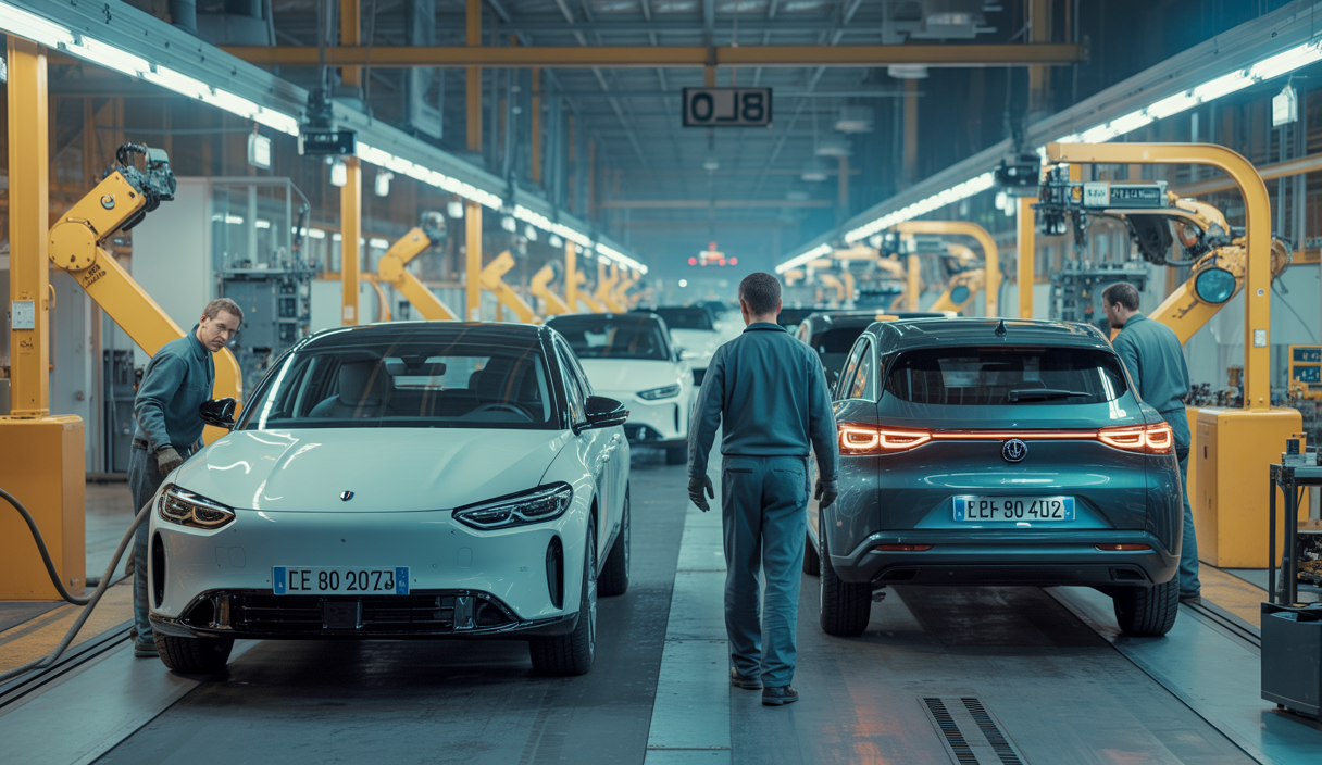 Chaîne de montage automobile en usine avec machines automatisées et véhicules électriques en arrière-plan illustrant la transition technologique et la perte d'emplois en France