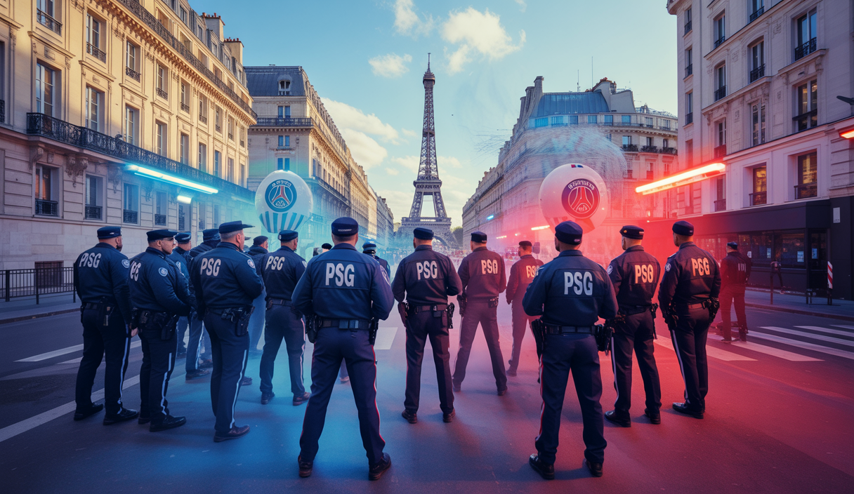 Scène dynamique et sécurisée à Paris durant un match de football.