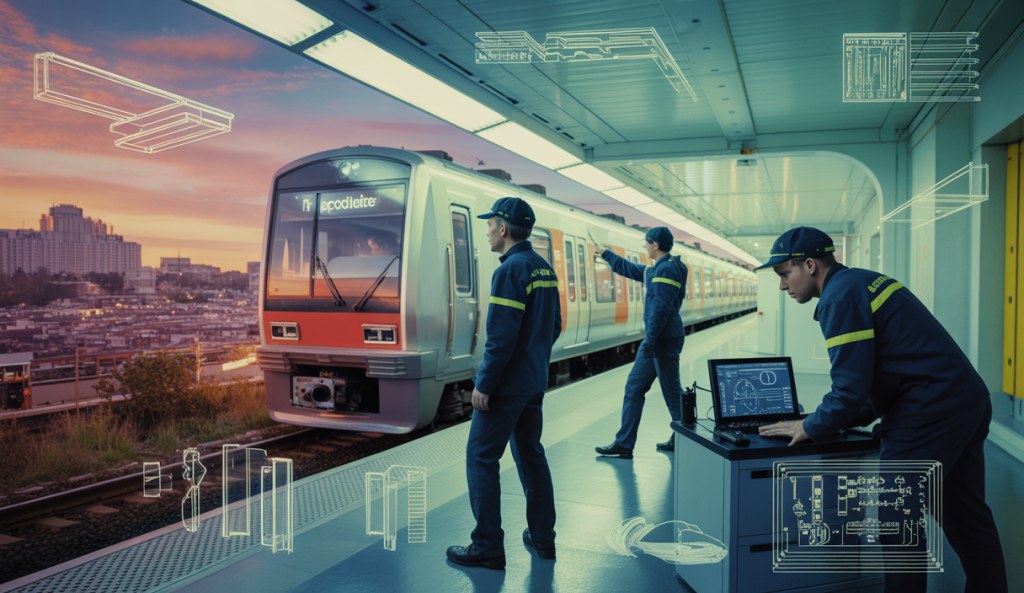 Illustration de la sécurité et de la maintenance dans les transports modernes avec des technologies innovantes