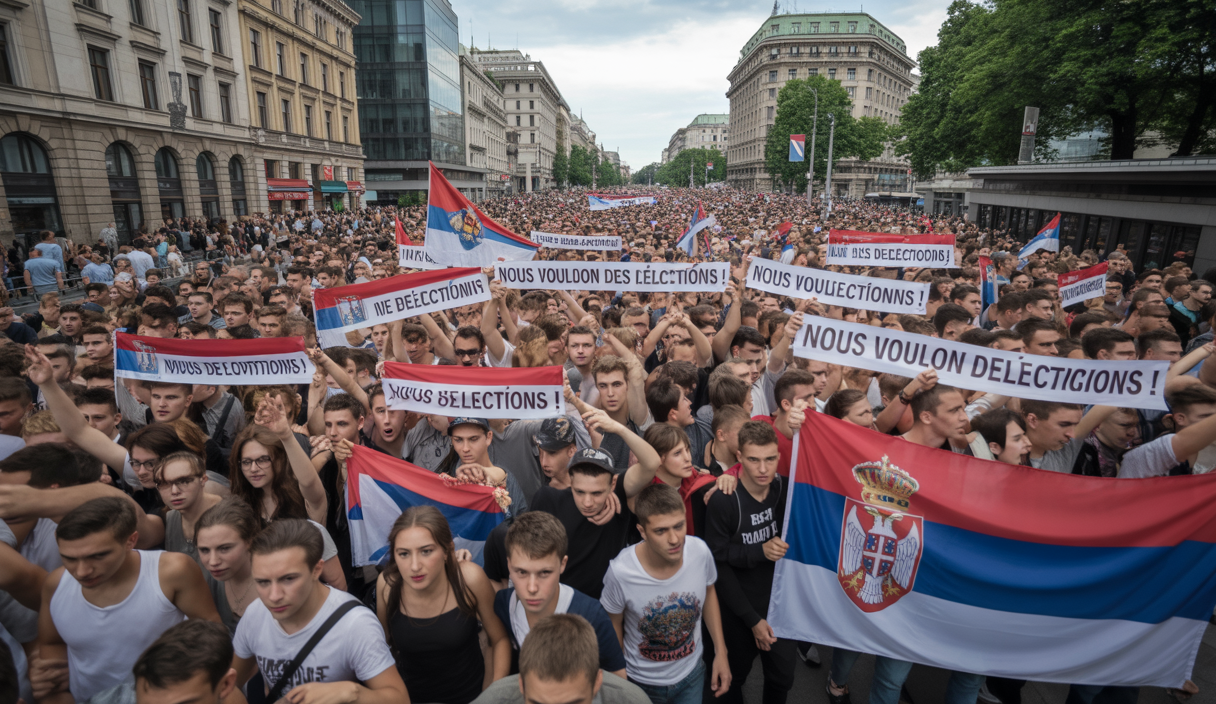 Une foule massive d'environ 140 000 manifestants à Belgrade brandissant des drapeaux serbes et des banderoles, rassemblés sur la grande place et les rues avoisinantes, réclamant des élections législatives anticipées lors d'une manifestation politique majeure en Serbie.