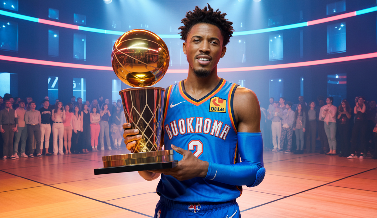 Shai Gilgeous-Alexander brandissant le trophée NBA Larry O'Brien après la victoire historique du Oklahoma City Thunder en 2025