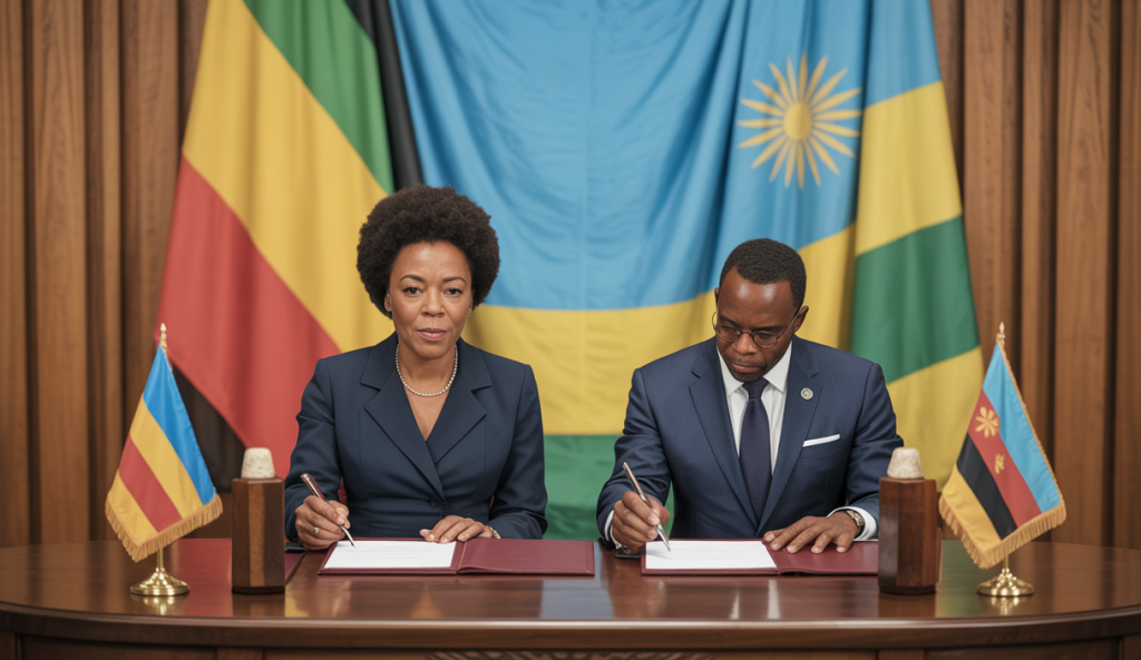 Signature de l'accord de paix historique entre la République démocratique du Congo et le Rwanda à Washington en juin 2025 avec les ministres des Affaires étrangères Thérèse Kayikwamba Wagner et Olivier Nduhungirehe, sous la médiation américaine de Marco Rubio