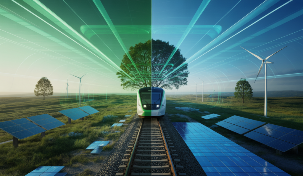 Illustration de la transition écologique de la SNCF avec un train moderne et éco-responsable